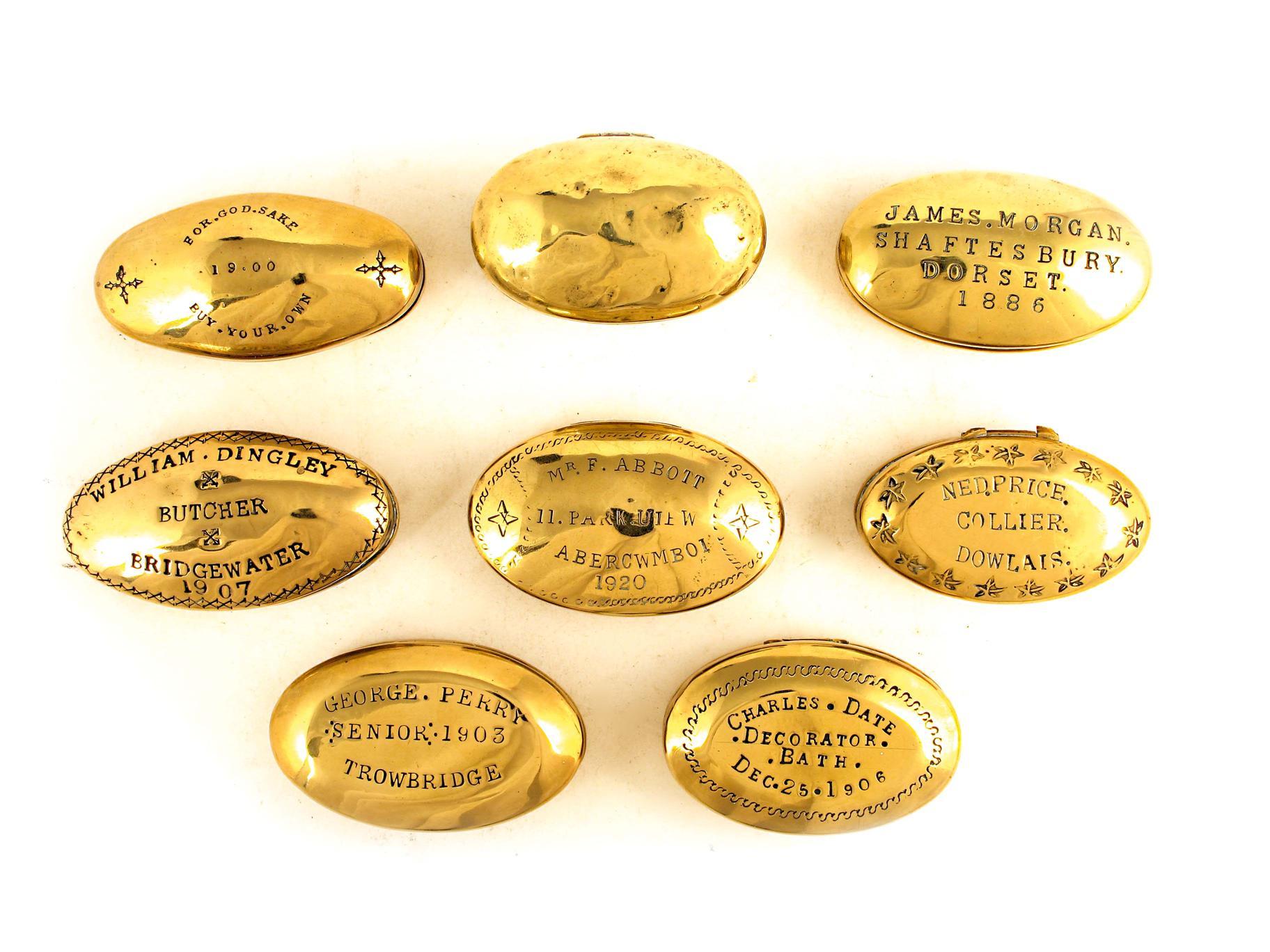 Appraisal: Seven late th early th century oval brass tobacco boxes