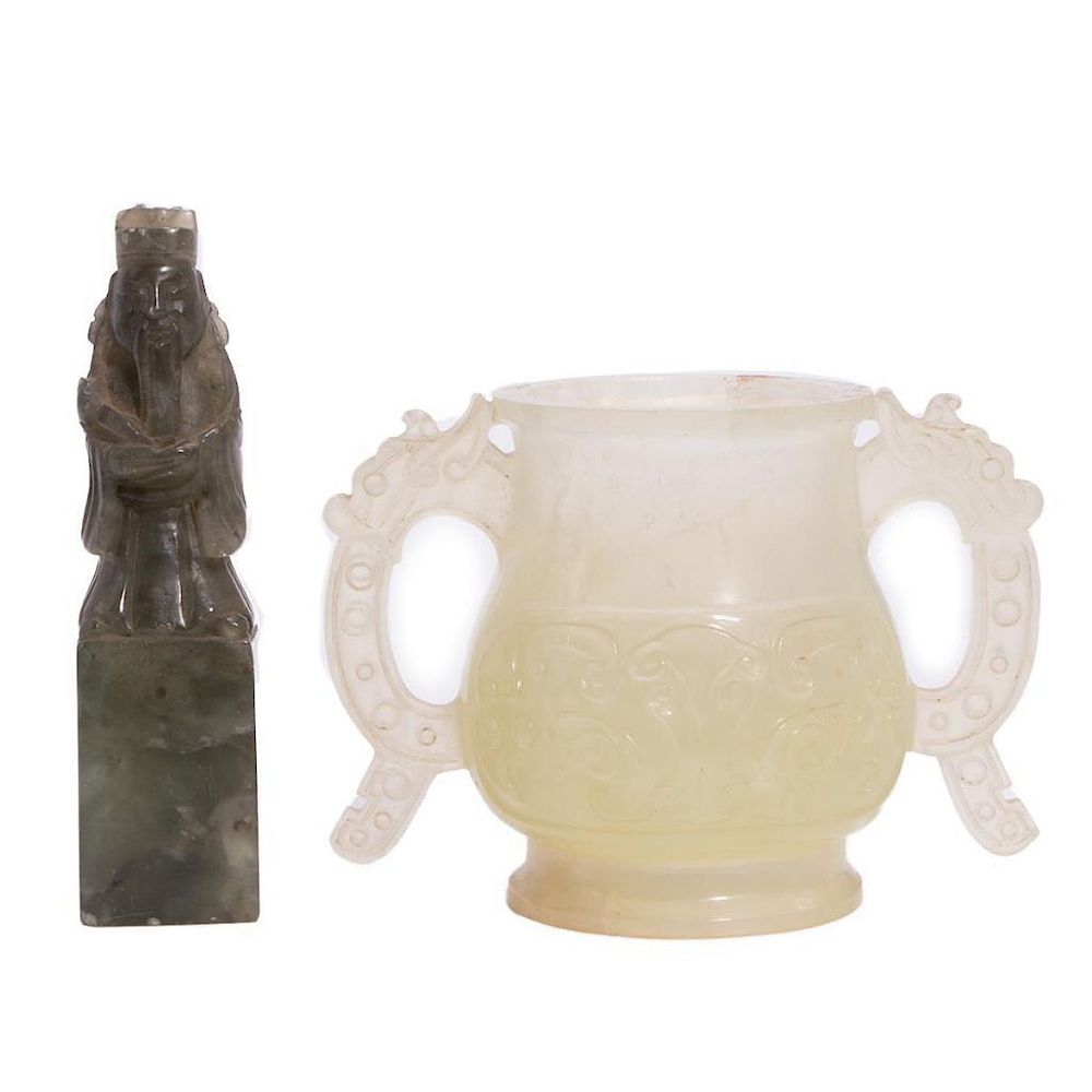 Appraisal: th century Chinese jade vessel and stamp Two thcentury Chinese