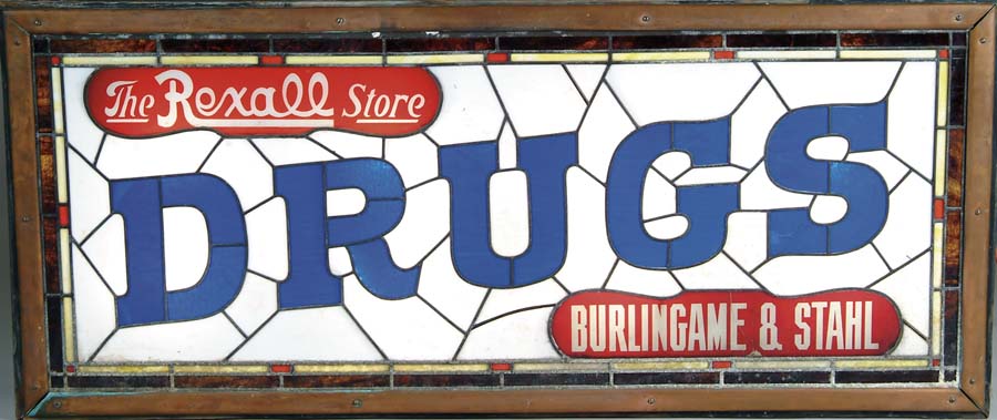 Appraisal: LEADED GLASS REXALL DRUGS SIGN Large electrified two-sided outdoor sign