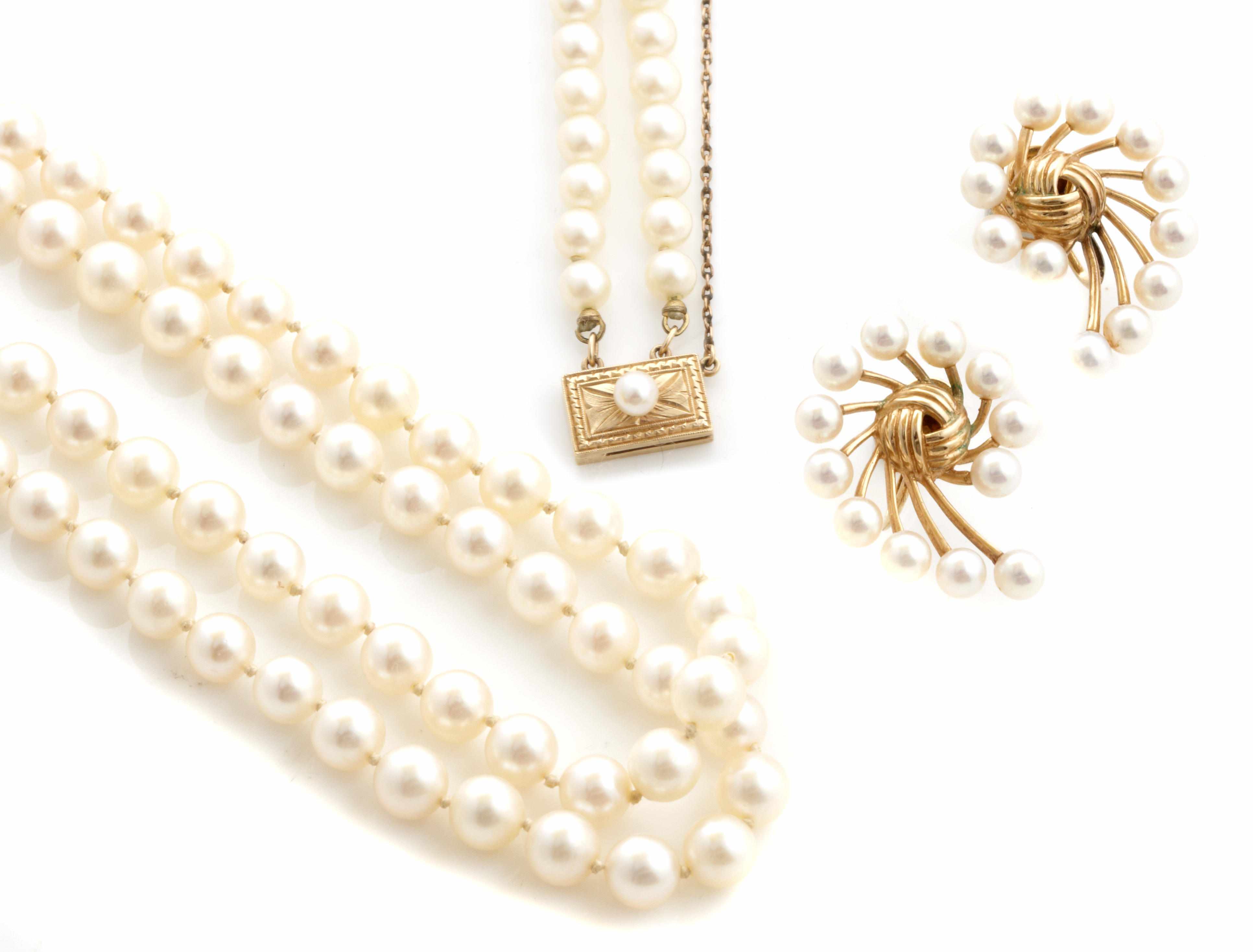 Appraisal: A group of cultured pearl and gold jewelry comprising a