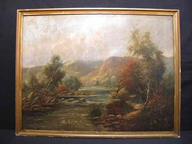 Appraisal: Oil on canvas landscape fisherman painting Framed in gilt frame