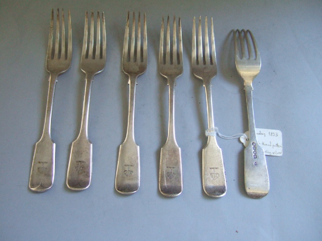 Appraisal: Six silver fiddle pattern table forks comprising three London and