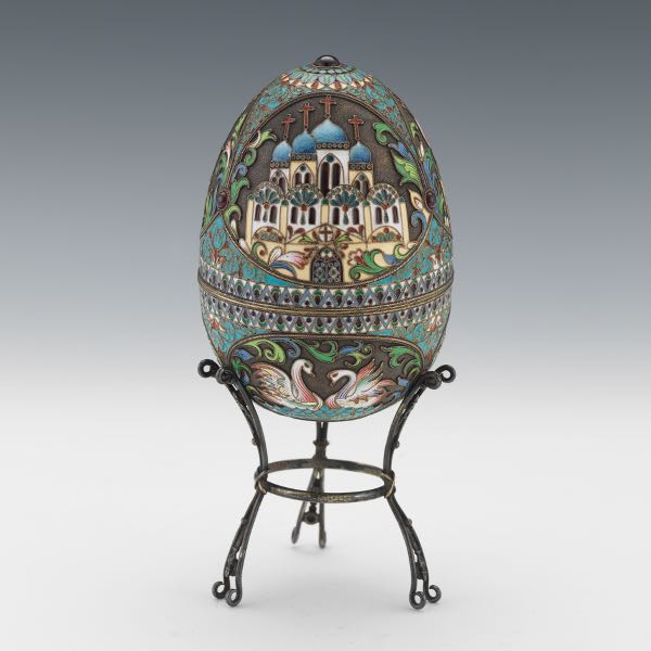 Appraisal: RUSSIAN FABERGE STYLE PARCEL-GILT SILVER CLOISONN ENAMEL EGG ON STAND