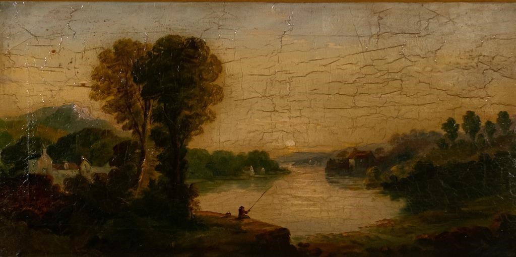 Appraisal: th century English oil on canvas fisherman in river landscape