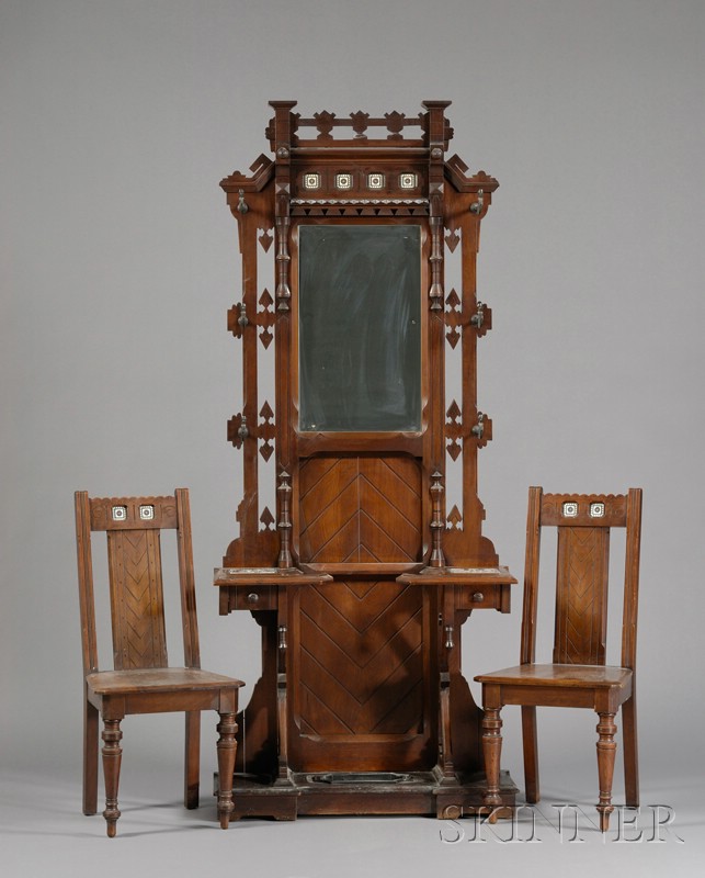 Appraisal: American Aesthetic Movement Cast-iron and Tile-mounted Walnut Hall Tree and