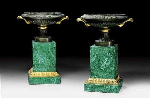 Appraisal: PAIR OF BRONZE AND MALACHITE ORNAMENTAL BOWLS late Empire probably