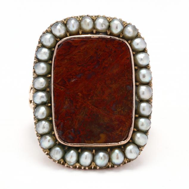 Appraisal: VINTAGE GOLD AGATE AND SEED PEARL RING Centered on a