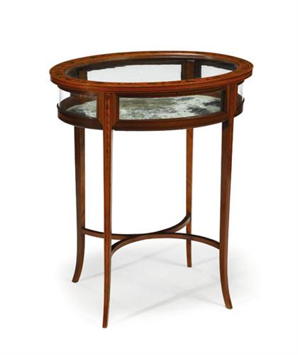 Appraisal: Sheraton style satinwood and marquetry vitrine The oval glazed hinged