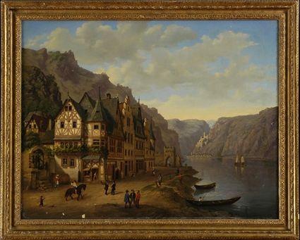 Appraisal: EUROPEAN SCHOOL TOWNS ON THE RIVER Oil on canvas relined