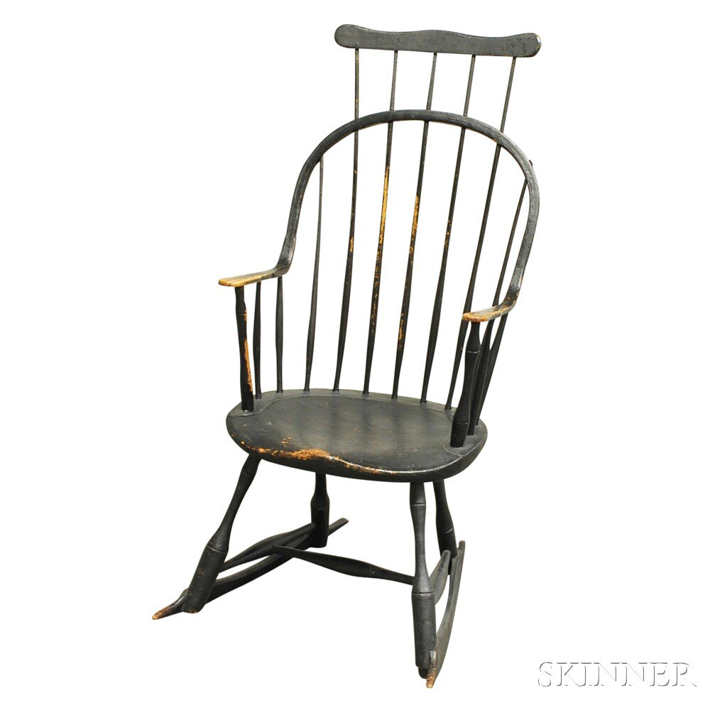 Appraisal: Black-painted Continuous-arm Windsor Rocking Chair New England early th century