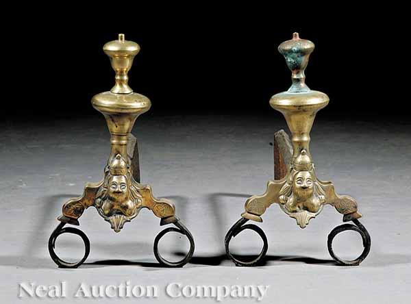 Appraisal: A Pair of French Brass and Wrought Iron Figural Andirons