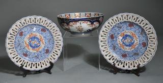 Appraisal: Pair of Imari Chargers and Bowl Pair of reticulated Imari