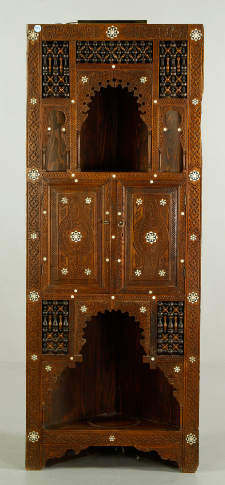 Appraisal: - th C Syrian Corner Cupboard th century Syrian corner