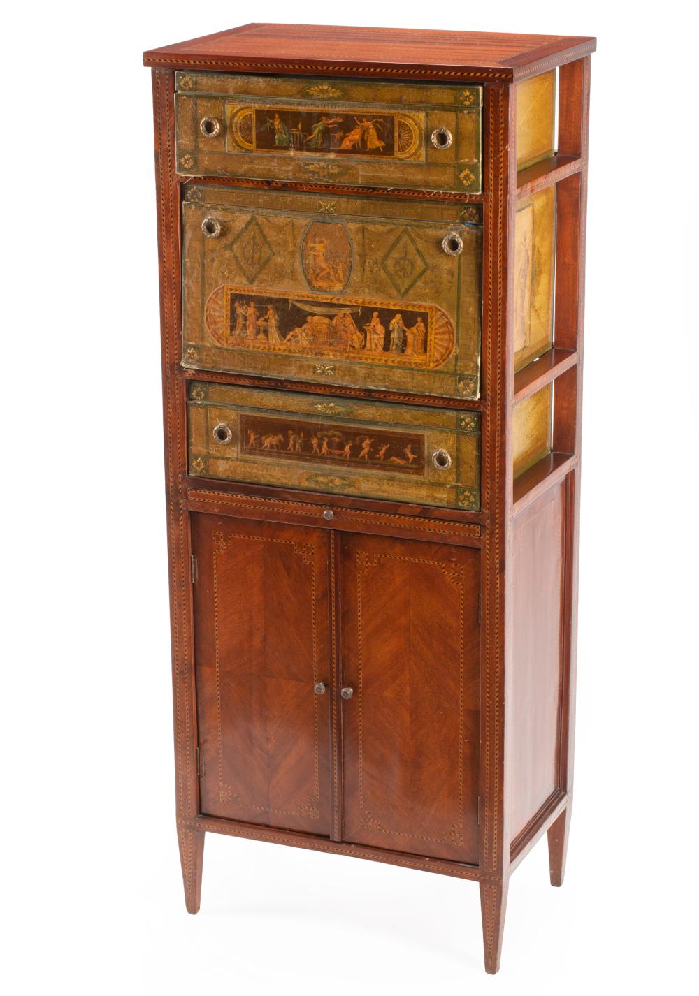 Appraisal: Antique Neoclassical-Style Inlaid and Polychrome-Painted Kingwood Cartonnier upper compartments with