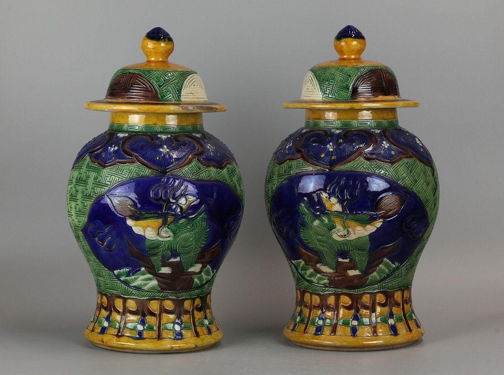 Appraisal: pair of Chinese cover jars possibly th c sancai glazed