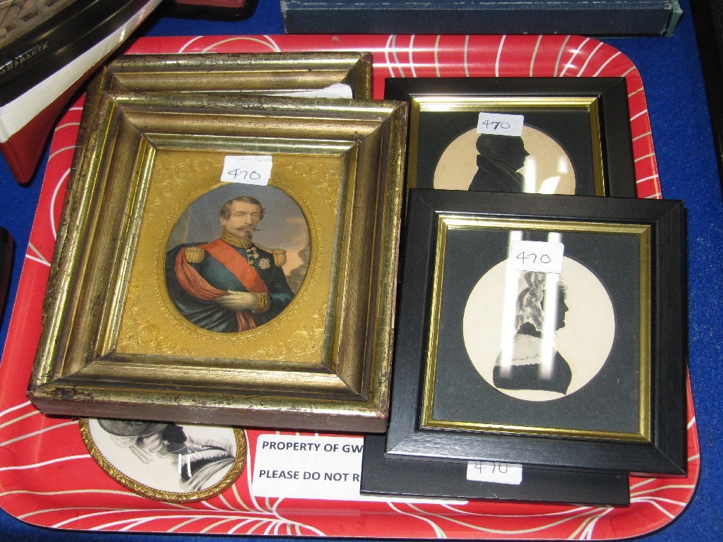 Appraisal: Lot comprising six assorted portrait miniatures and silhouettes