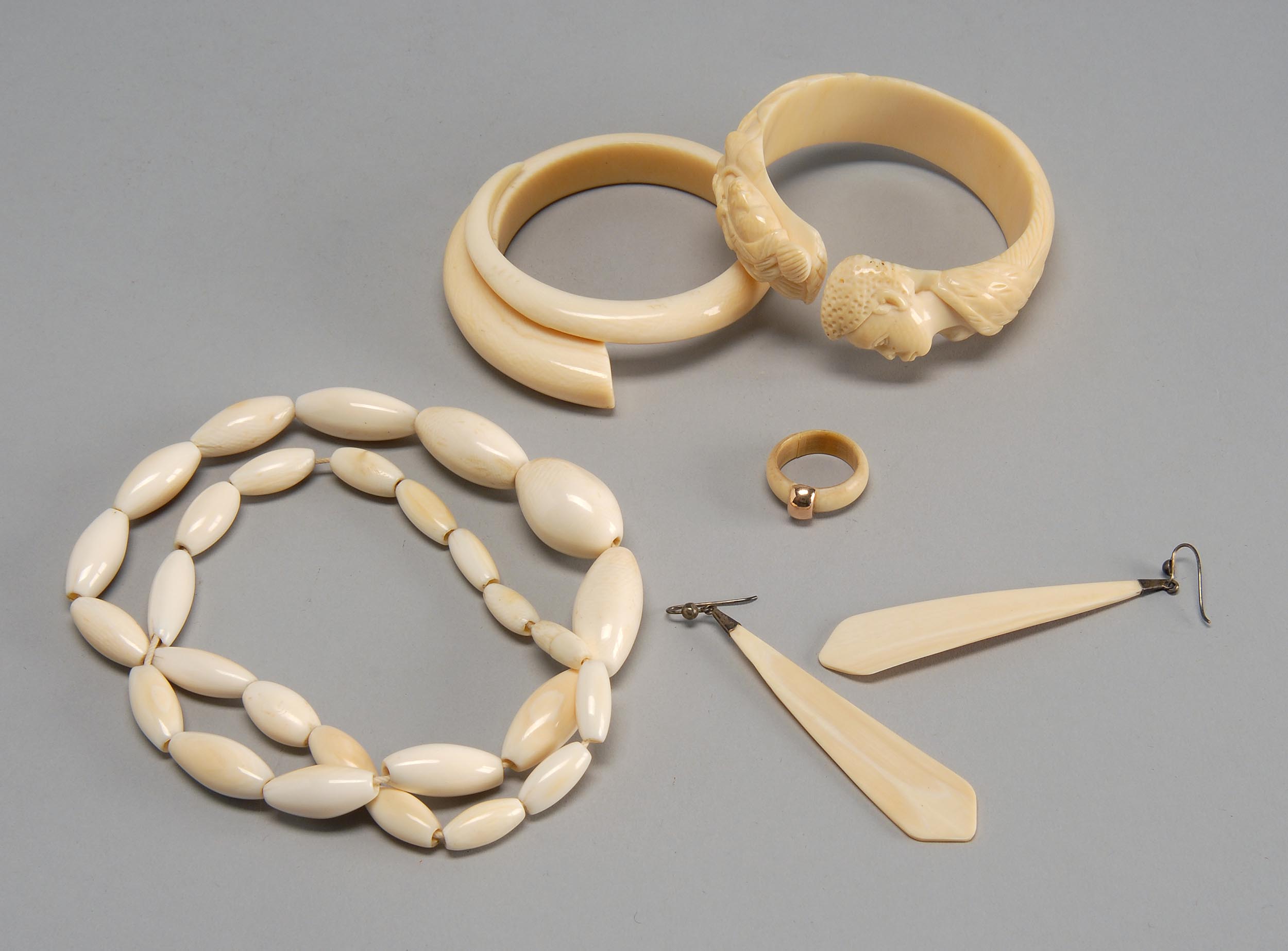 Appraisal: SIX PIECES OF IVORY JEWELRY two bracelets necklace ring and