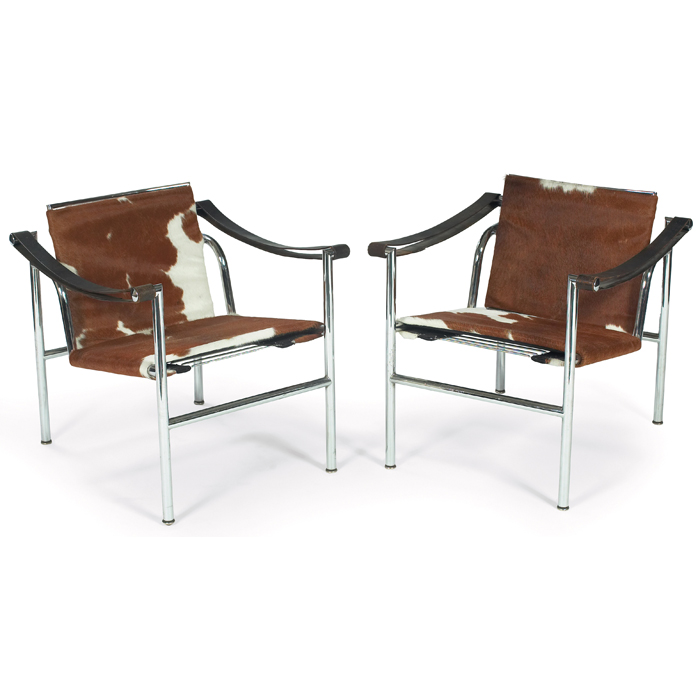 Appraisal: Le Corbusier LC Basculant chairs pair by Cassina cowhide sling