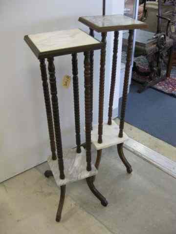 Appraisal: Pair of Marble Top Plant Stands lower shelf spindle decor