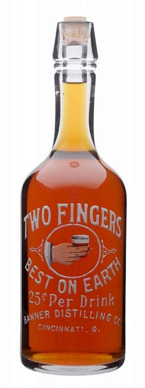 Appraisal: Two Fingers Best On Earth Back Bar Bottle Enameled lettering