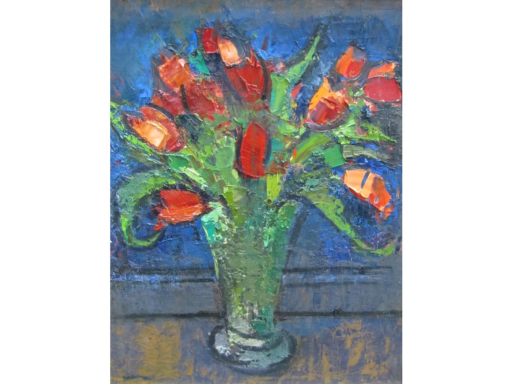 Appraisal: DES GORMAN b Oil on gesso 'Red Tulips at Night'