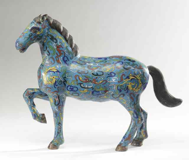 Appraisal: CLOISONNE ENAMEL TANG STYLE CHINESE HORSE one foot raised blue