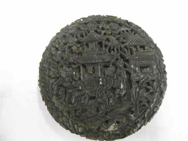 Appraisal: Chinese Carved Tortoise shell Snuff Box elaborate village scenes all