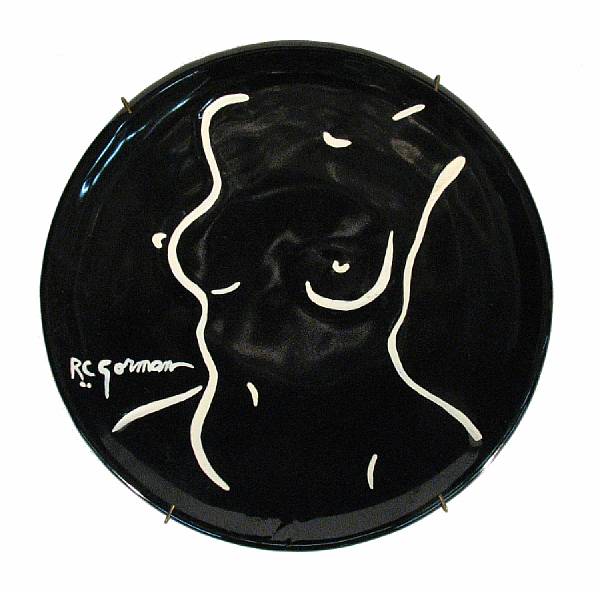 Appraisal: R C Gorman Female Nude Glazed ceramic plate in black