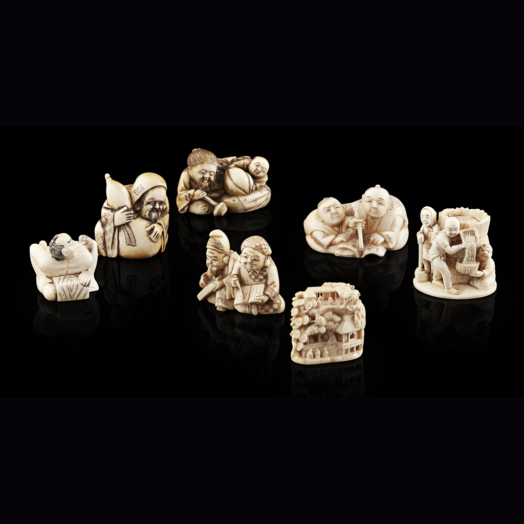 Appraisal: YGROUP OF SEVEN IVORY NETSUKE MEIJI PERIOD comprising two boys