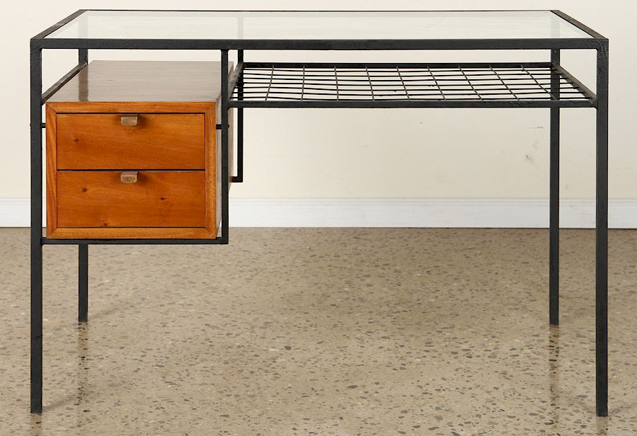 Appraisal: MID CENTURY MODERN IRON GLASS TOP DESK A mid century