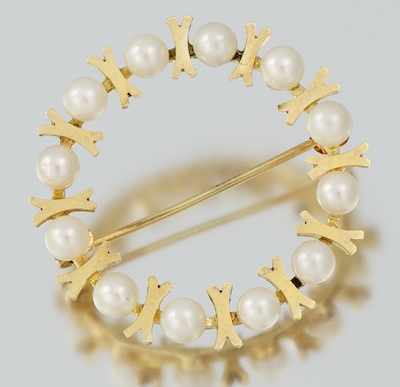 Appraisal: A Ladies' XO Design Gold and Pearl Circle Brooch k