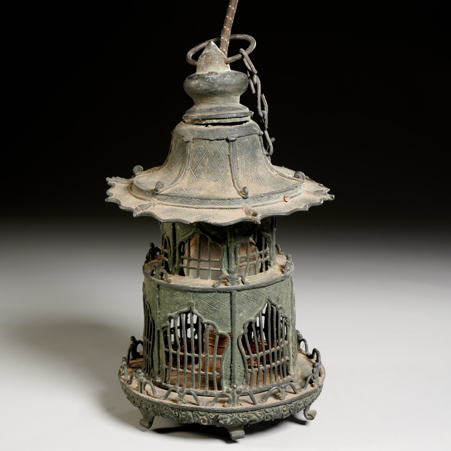 Appraisal: ANTIQUE CHINESE BRONZE HANGING TEMPLE LANTERN th c verdigris patinated