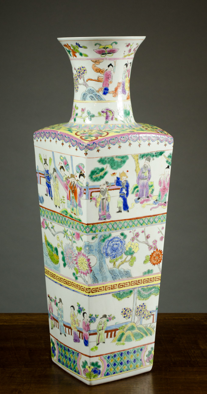 Appraisal: CHINESE REPUBLIC FAMILLE ROSE PORCELAIN VASE square form with tapered