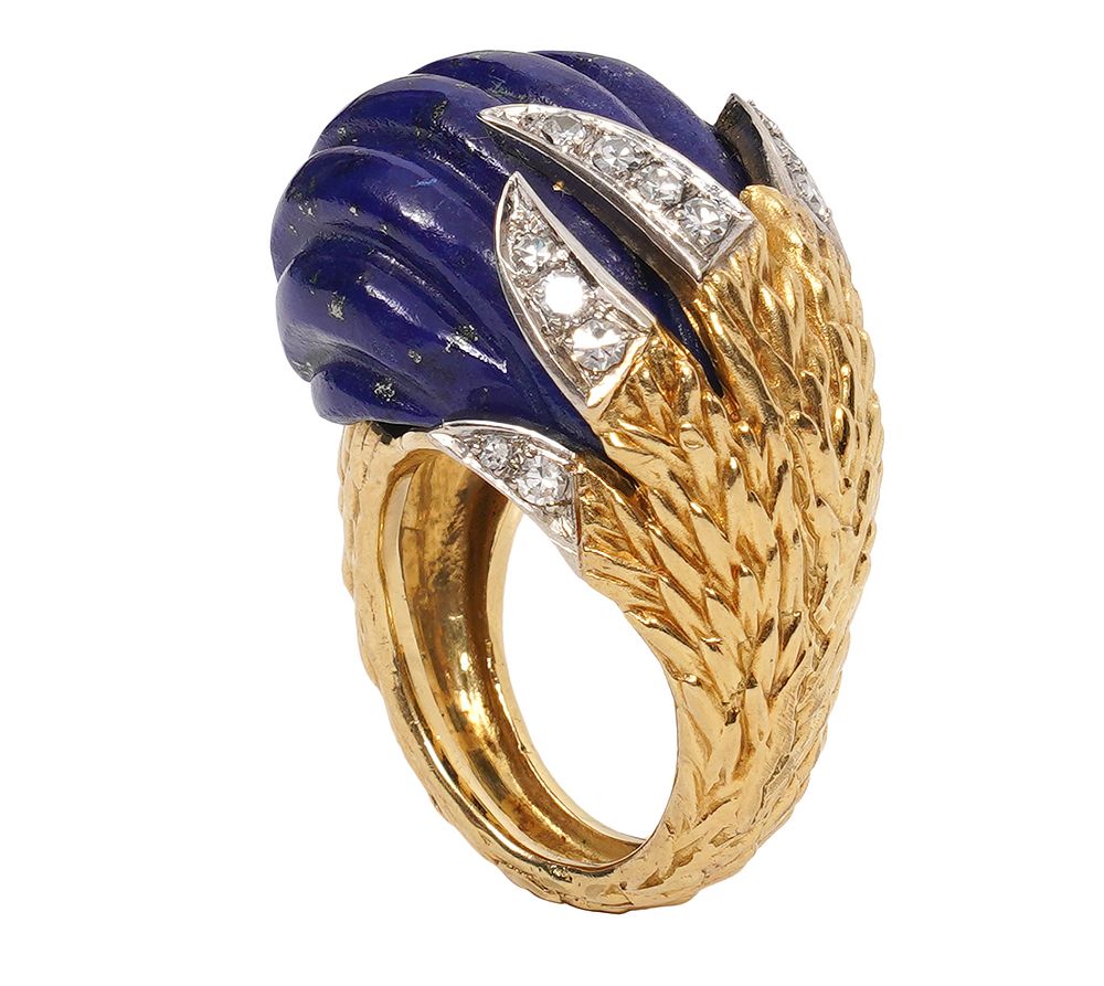 Appraisal: Diamond Lapis K YG Bombe Ring Diamond carved lapis K