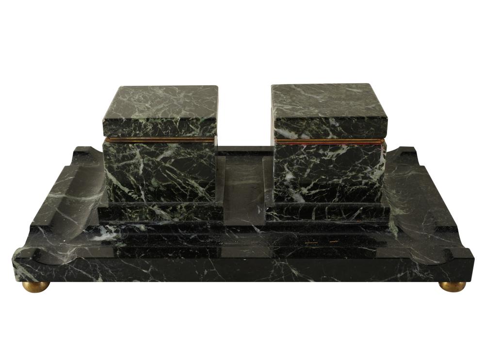 Appraisal: GREEN MARBLE DOUBLE INKWELLeach inkwell with brass and glass liner