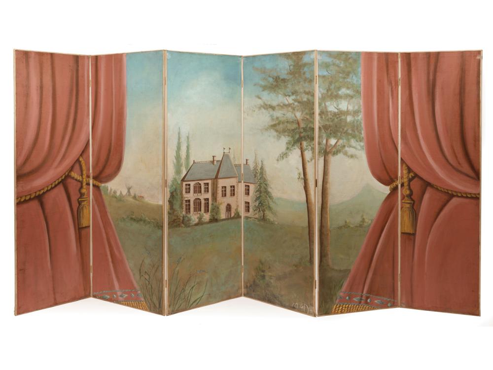 Appraisal: Decorative Painted Six-Panel Screen th c depicting a country manor