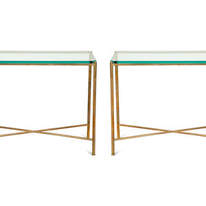 Appraisal: A Pair of Neoclassical Style Brass Console Tables with Glass