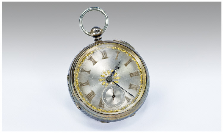 Appraisal: Silver Open Faced Pocket Watch Silvered Dial With Gilt Roman