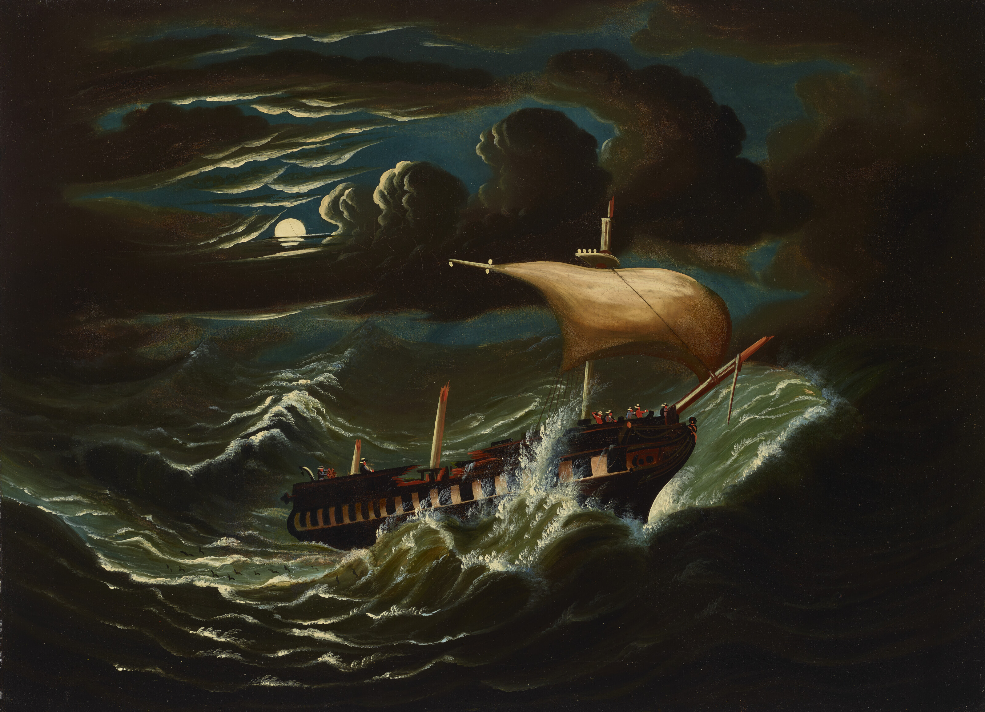 Appraisal: THOMAS CHAMBERS - STORM-TOSSED FRIGATE IN MOONLIGHT oil on canvas