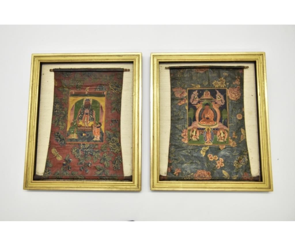 Appraisal: Two framed Chinese scroll chintz fabric court scenes th c