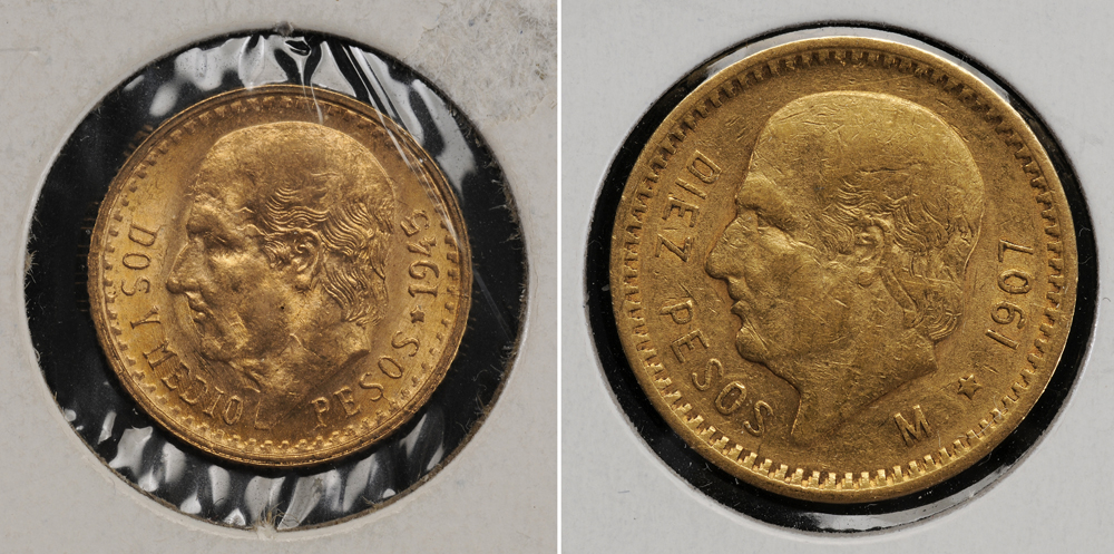 Appraisal: Two Mexican Gold Coins pesos VF scattered light scratches oz