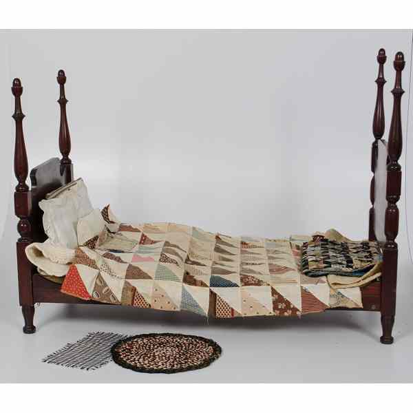 Appraisal: Four Poster Doll Bed with Assorted Linens Wooden doll bed