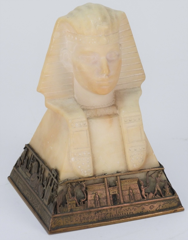 Appraisal: CARVED ALABASTER SPHINX HEAD PAPER WEIGHT Africa th CenturyFigural Sphinx