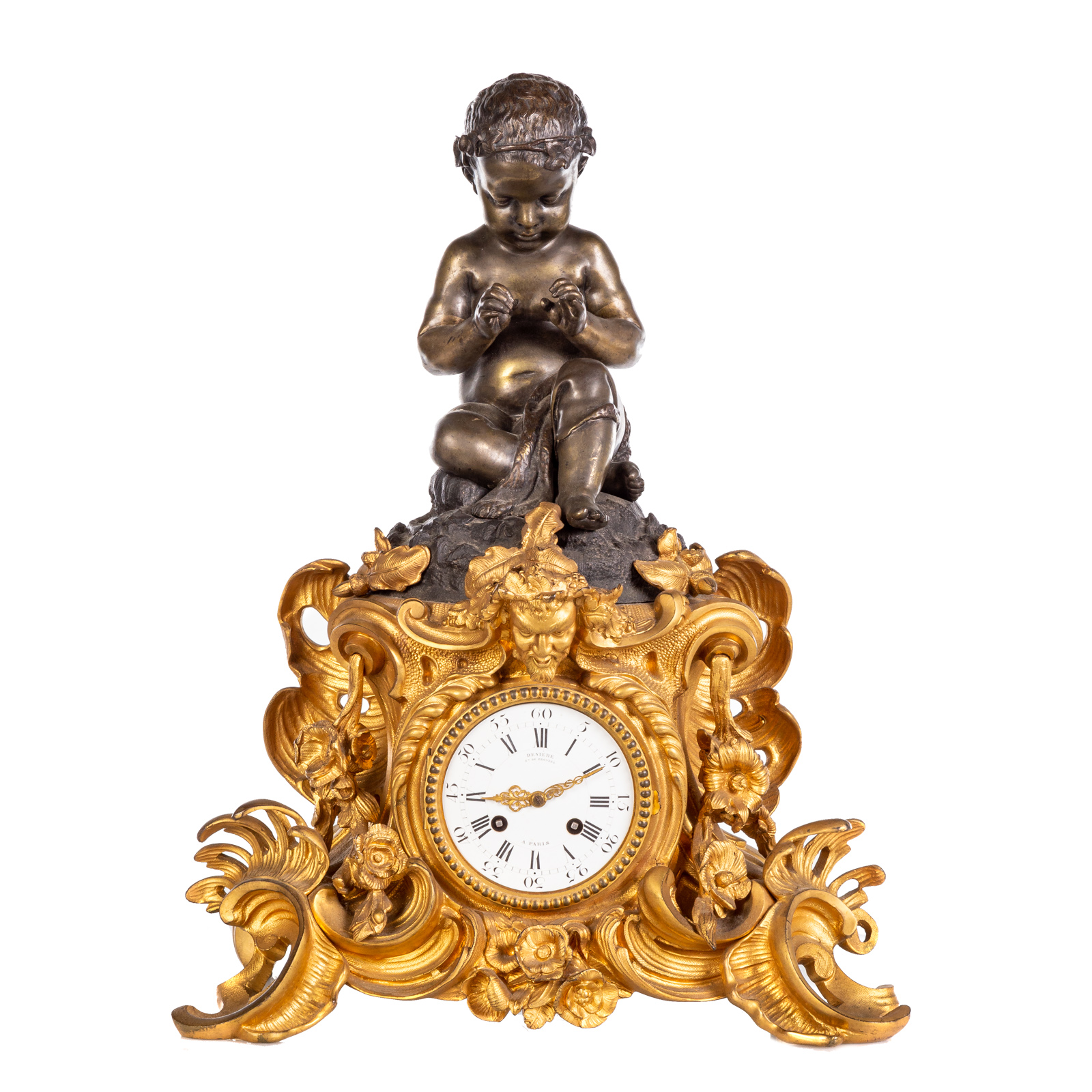 Appraisal: NAPOLEON III BRONZE FIGURAL MANTEL CLOCK DENIERE Circa patinated bronze