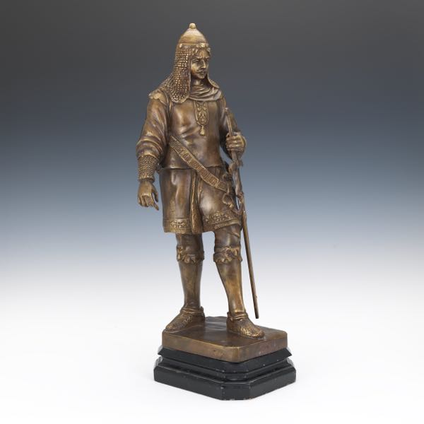 Appraisal: BRONZE SCULPTURE OF MEDIEVAL WARRIOR ON STAND Cast bronze sculpture