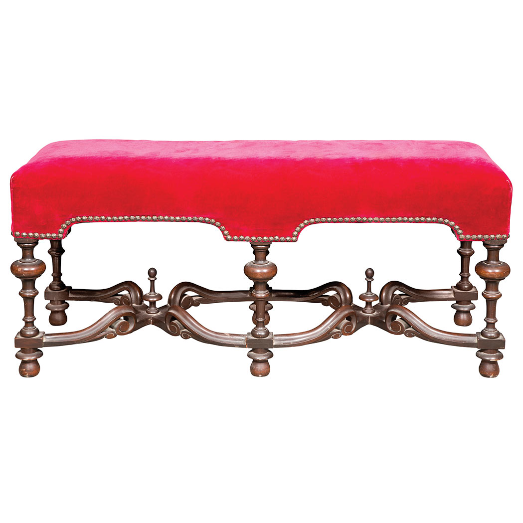 Appraisal: William III Style Walnut Bench The velvet upholstered rectangular seat