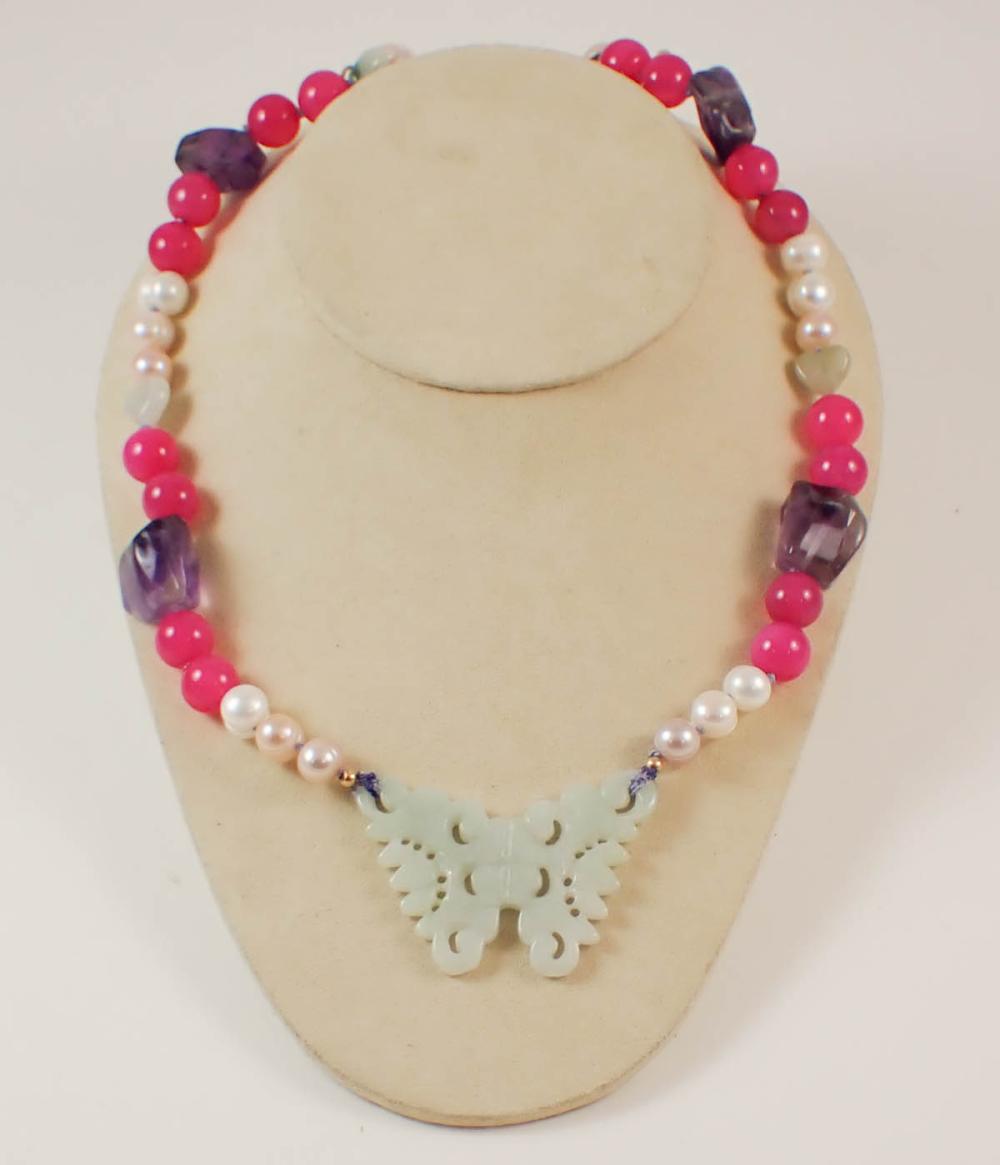 Appraisal: JADE AGATE AMETHYST AND PEARL BEAD NECKLACE The hand-knotted strand