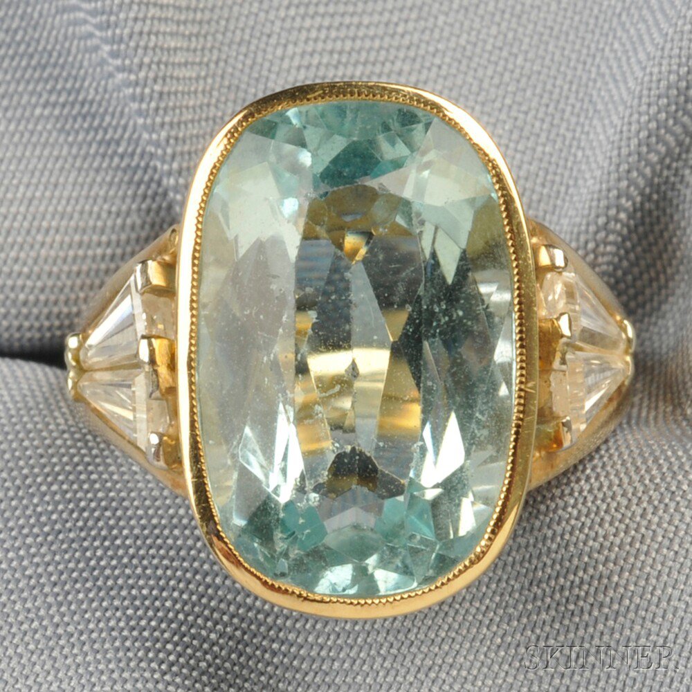 Appraisal: kt Gold Aquamarine and Diamond Ring bezel-set with a cushion-cut