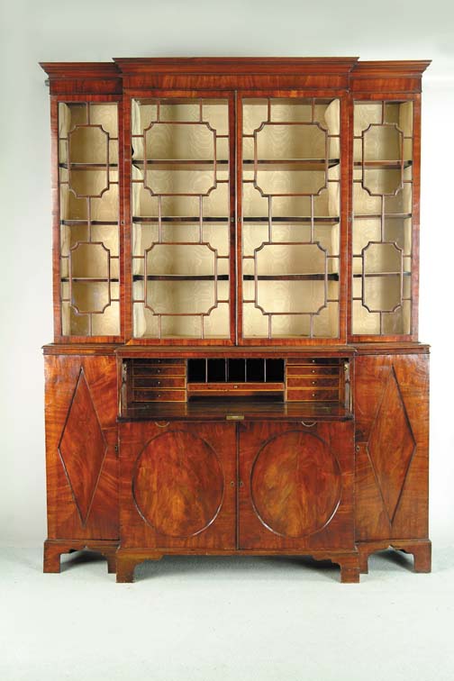 Appraisal: GEORGE III INLAID MAHOGANY BREAKFRONT BOOKCASE In three parts Removable