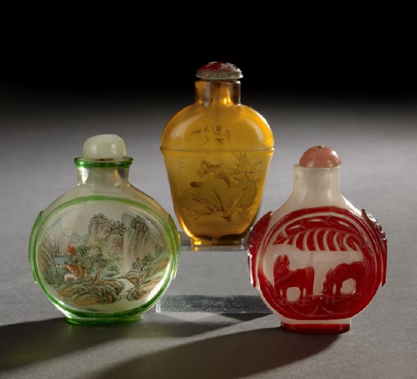 Appraisal: Group of Three Glass Snuff Bottles th century including a